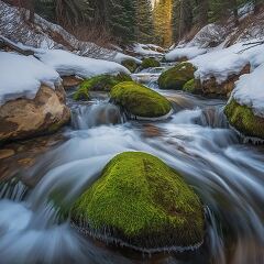 Snowy Mossy Rocks by Stream in Colorado Landscape