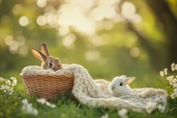 Soft Newborn Backdrop With Bunny and Wicker Basket