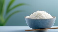 Steamed White Rice in a Blue Bowl on a Table