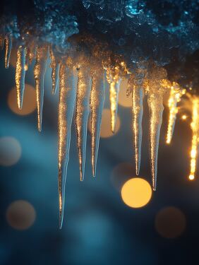 Stunning Icicles Glisten Under Warm Lights in Winter