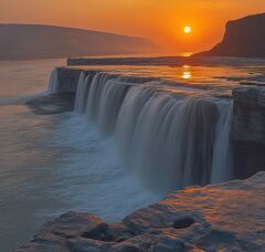 Sunset Reflections at Hukou Falls Along the Yellow River