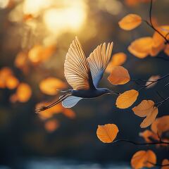 Sunset View of a Bird in Fall Foliage