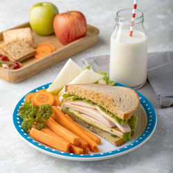 turkey sandwich carrot sticks cheese apples milk healthy school 