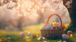 Whimsical Easter Basket Nestled Under Blooming Cherry Tree