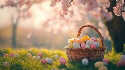 Whimsical Easter Basket Under Blooming Cherry Tree