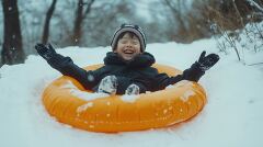 Winter Joy as a Boy Slides Down a Snowy Slope