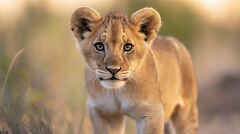 Young Lion Cub Walking in Golden Grass at Sunset