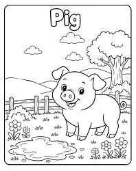 Pig in farm field coloring page