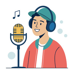 Podcast host speaking with microphone and headphones illustratio