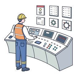 Power plant technician in helmet operating control panel in cont