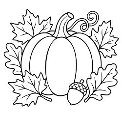 Pumpkin With Maple Oak Leaves And Acorn Coloring Page