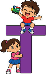 Purple Letter T Kids With Toy Train