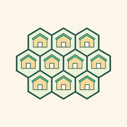 Repeating pattern of small yellow houses inside green hexagon