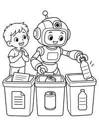 Robot Sorting Recycling With Boy Coloring