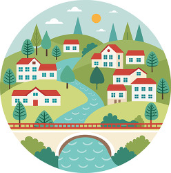 Scenic riverside village landscape illustration