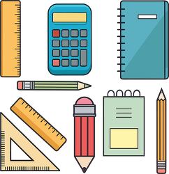 school stationery calculator ruler notebook pencil set illustrat