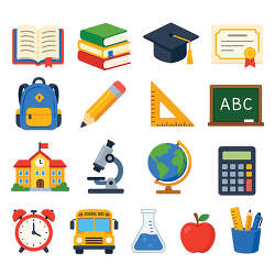 school supplies education classroom icon set