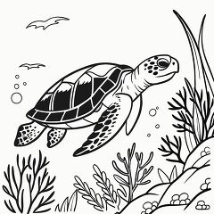 Sea Turtle Swimming Underwater   Black Outline Art