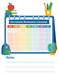 September Homework Calendar Notes