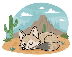 Sleeping desert fox with cactus and mountains
