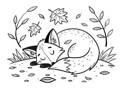 sleeping fox autumn leaves coloring page