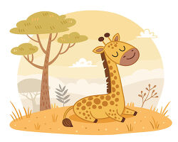 Sleeping giraffe sitting in savanna