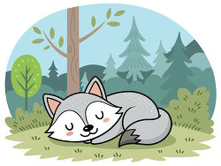 Sleeping Gray Fox in Forest Scene