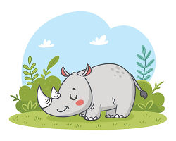 Sleeping gray rhinoceros on grass clipart