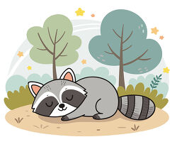 sleeping raccoon in forest