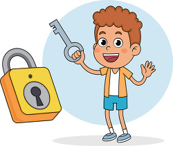 Smiling boy holding a large key next to a yellow padlock