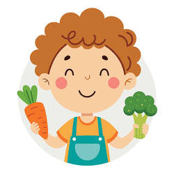 Smiling boy holding carrot and broccoli