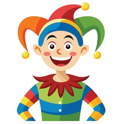 smiling jester with colorful costume and hat