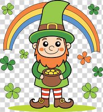 Smiling Leprechaun with Pot of Gold and Rainbow