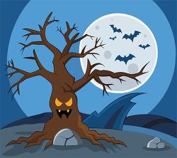 spooky tree with angry face bats and full moon in night sky