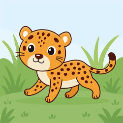 Spotted Cheetah Walking In Grass Cartoon