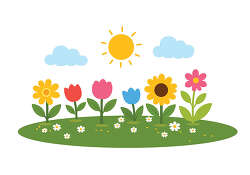 Spring flower garden with sun and clouds