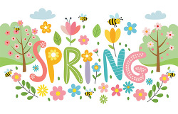 spring typography with flowers bees and trees