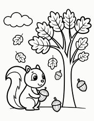 squirrel with acorns under autumn tree coloring page