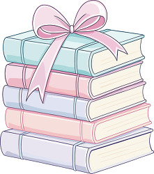 stack of books with pink ribbon illustration