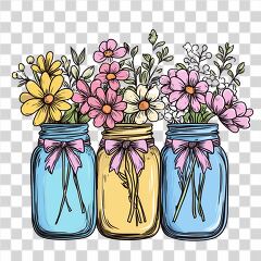 Three Mason Jars Filled With Colorful Flowers