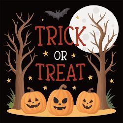 Trick or treat pumpkins with full moon and bat