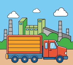 Truck Transporting Goods From Factory to City Landscape