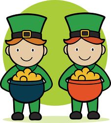 two child leprechaun holding a pot of gold cartoon