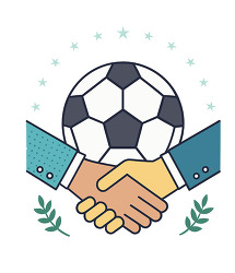 Two hands shaking in front of a soccer ball representing sportsmanship