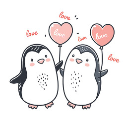 ute penguins holding love balloons illustration
