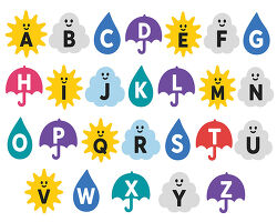 Weather Alphabet With Suns Clouds Umbrellas