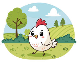White Chicken Walking In Meadow Cartoon