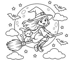 Witch Flying On Broom With Cat Coloring Page