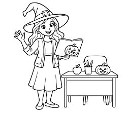 Witch Teacher Holding Pumpkin Book Coloring Page