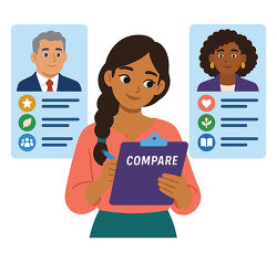 Woman Comparing Candidate Profiles With Clipboard